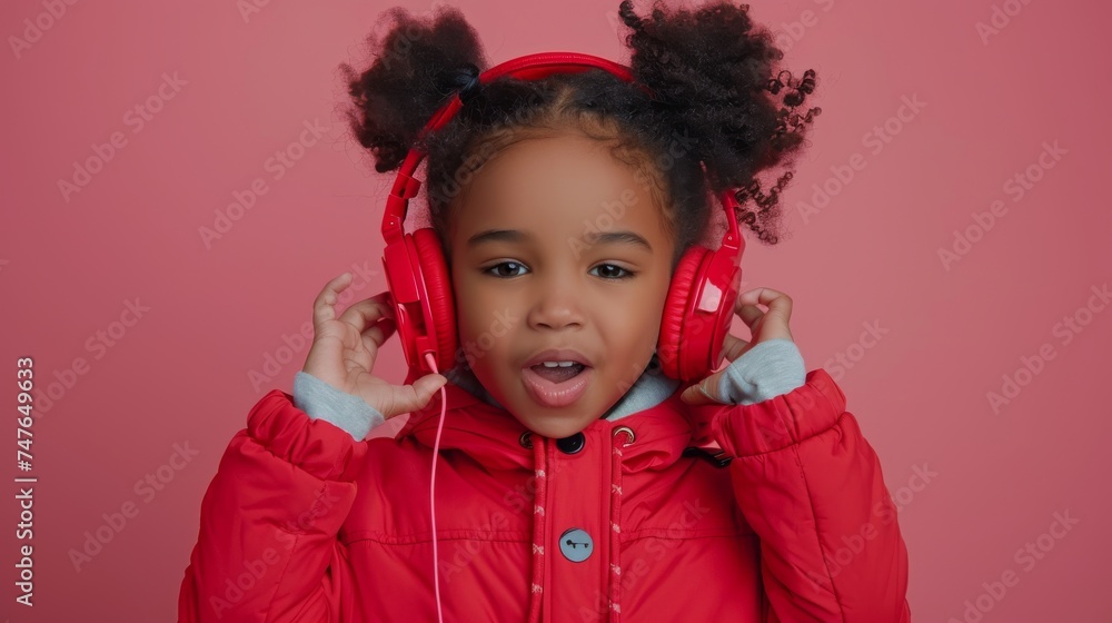 Adorable little girl enjoys music with red headphones, winter jacket, isolated on pink