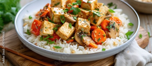 A white bowl filled with rice and tofu, creating a satisfying and nutritious meal.