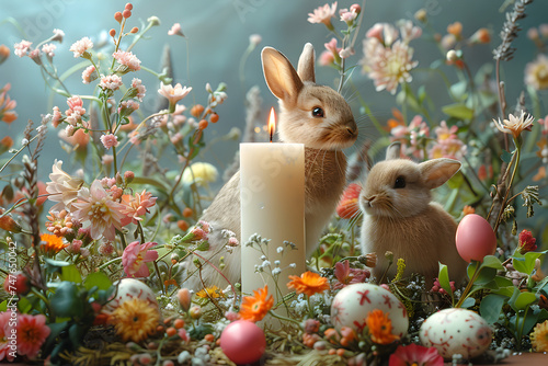 A festive Easter candle with spring flowers in a blooming meadow.