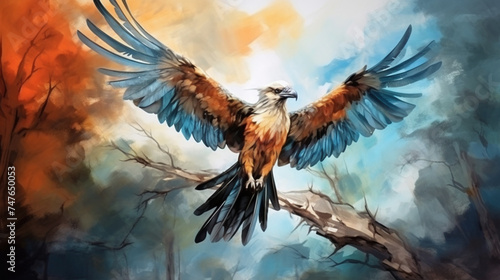 water color painting style of full body potrait of GARUDA bird on the branch. Generative Ai photo