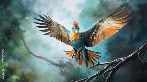 water color painting style of full body potrait of GARUDA bird on the branch. Generative Ai photo