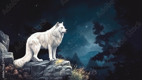 water color painting style of full body potrait of white white lion on the rock. Generative Ai