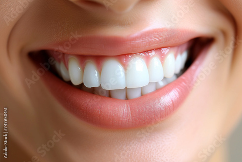Lips and mouth of a young woman, friendly and clean smile with white cheerful teeth