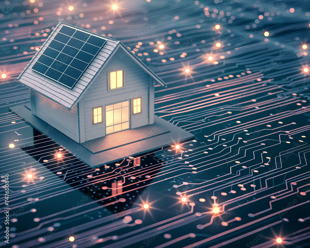 house with rooftop solar on a electronic circuit board. concept of solar energy system house with rooftop solar on a electronic circuit board. concept of solar energy system