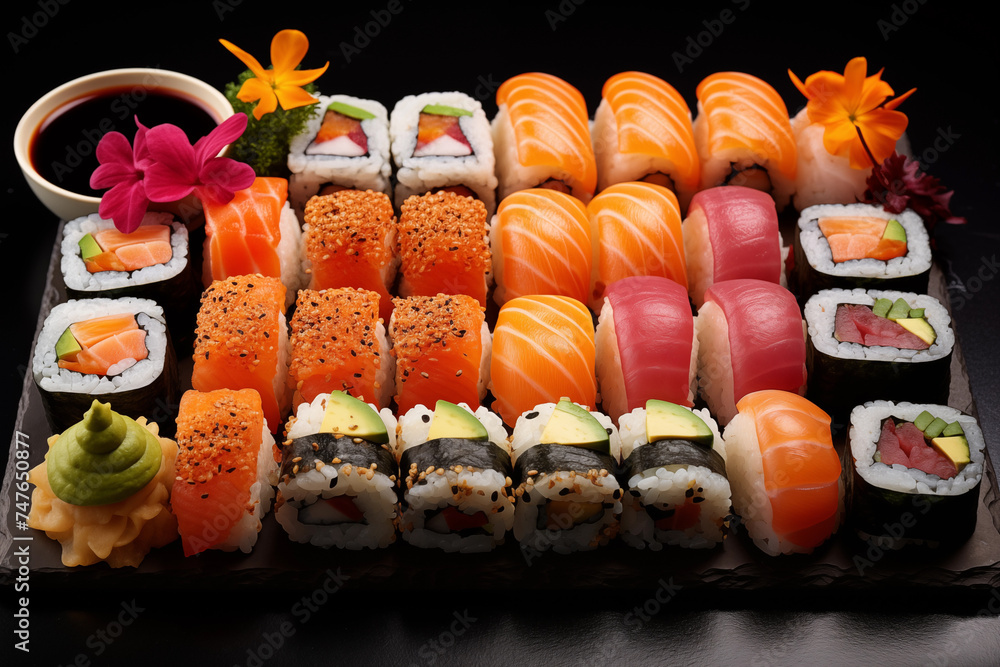 A variety of Japanese sushi and rolls with salmon and avocado. Generative AI. A variety of Japanese sushi and rolls with salmon and avocado. Generative AI.