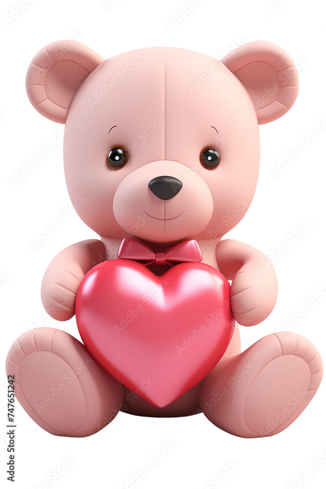 Różowy miś pluszowy trzyma w łapce czerwone serce. Misiowy pluszak jest miękki i puszysty, a czerwone serce wygląda jak sympatyczny gest miłości - obrazy, fototapety, plakaty 