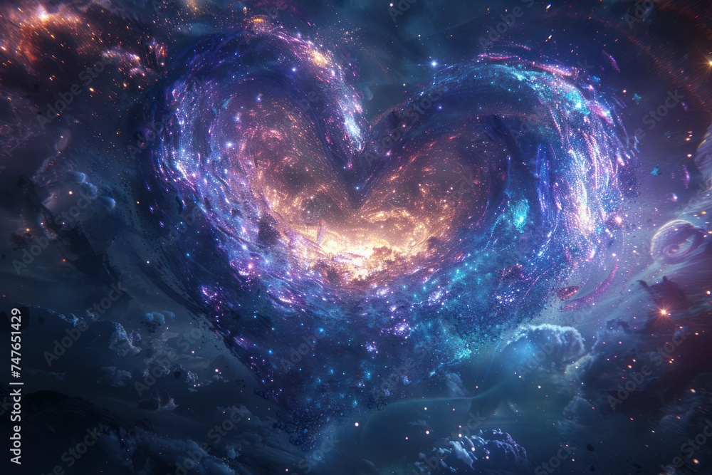 A galaxy inside a heart, swirling in vibrant hues of deep blues and purples, with specks of shimmering stardust scattered throughout.  - obrazy, fototapety, plakaty 