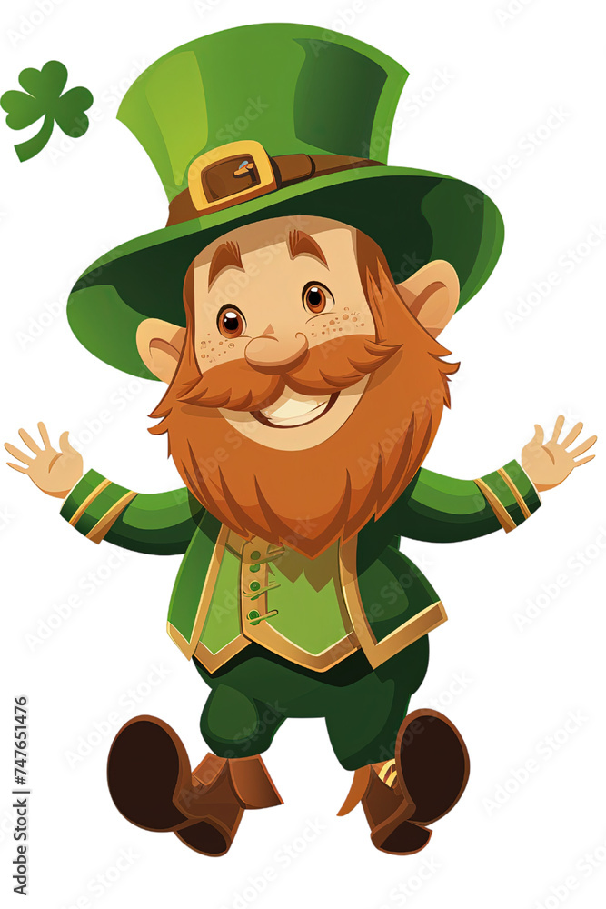 Leprechaun w kapeluszu i zielonym stroju z koniczyną i rudą brodą z wąsami - obrazy, fototapety, plakaty 