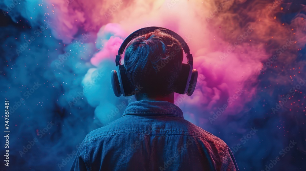 the back of a man wearing big headphones Against the backdrop of various colors. The concept of hearing and sound imagination. the back of a man wearing big headphones Against the backdrop of various colors. The concept of hearing and sound imagination.