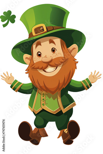 Leprechaun w kapeluszu i zielonym stroju z koniczyną i rudą brodą z wąsami