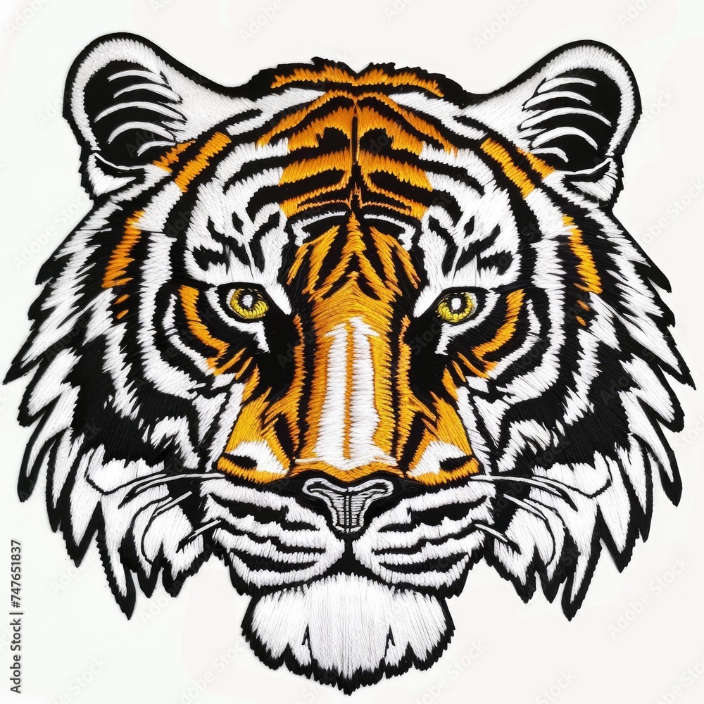 A close up of a tiger's face on a white background