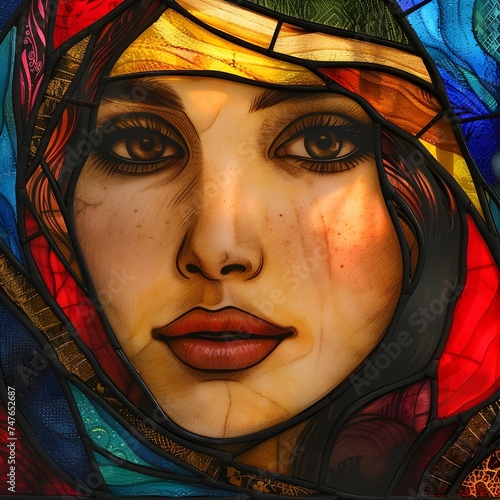 Elegant Reflections  Stained Glass Art of a Graceful Woman  Showcasing Intricate Craftsmanship and Timeless Beauty