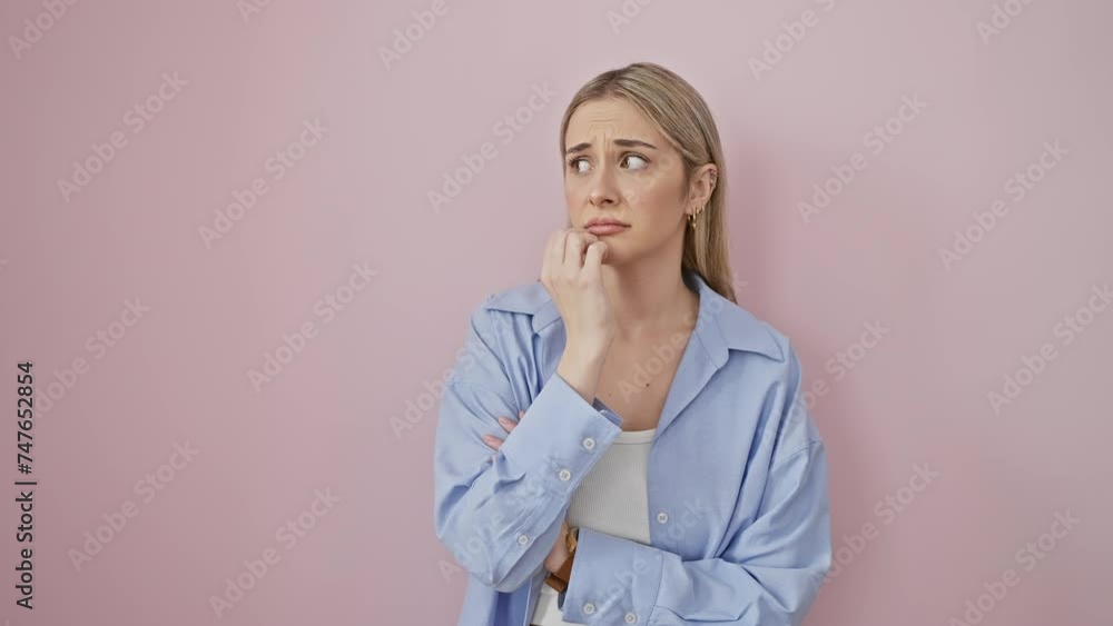 Stressed young blonde woman looking anxious, biting nails over pink isolated background Stressed young blonde woman looking anxious, biting nails over pink isolated background