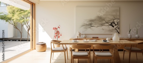 A modern dining room in a Japanese home featuring a sleek table, matching chairs, and a painting on the wall.