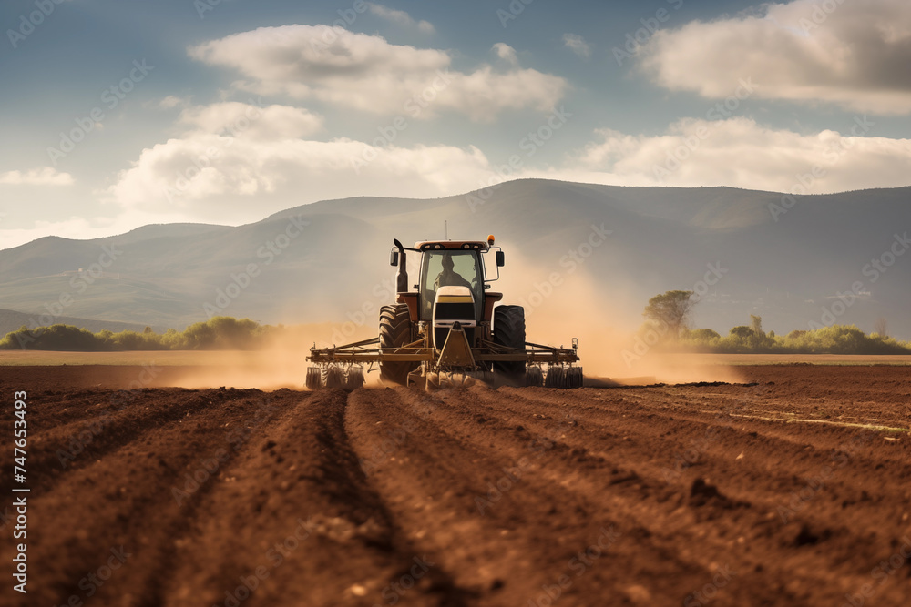 Fototapeta premium Field being prepared for sowing by tractor plows in spring AI Generation