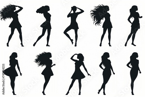 Assortment of ten detailed black female silhouettes captured in diverse poses and angles against a pristine white backdrop, tailored for graphic design and imaginative projects.