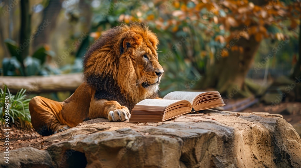 Naklejka premium Majestic Adult Lion Lounging and Contemplatively Looking Over an Open Book in a Serene Forest Environment