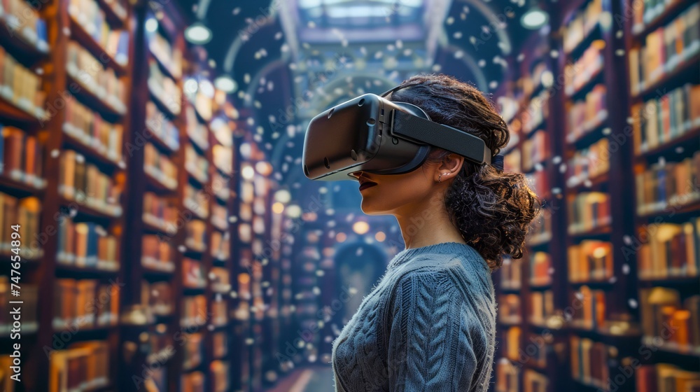 Young Woman Engaged in Virtual Reality Experience Amongst Library Bookshelves, Immersive Technology Concept