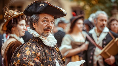 Elegant Man Dressed in Traditional 17th Century Costume Participating in Historical Reenactment Event