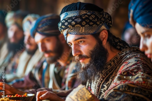 Group of Men in Traditional Middle Eastern Attire Sharing a Meal, Cultural Gathering Event with Focus on One Individual