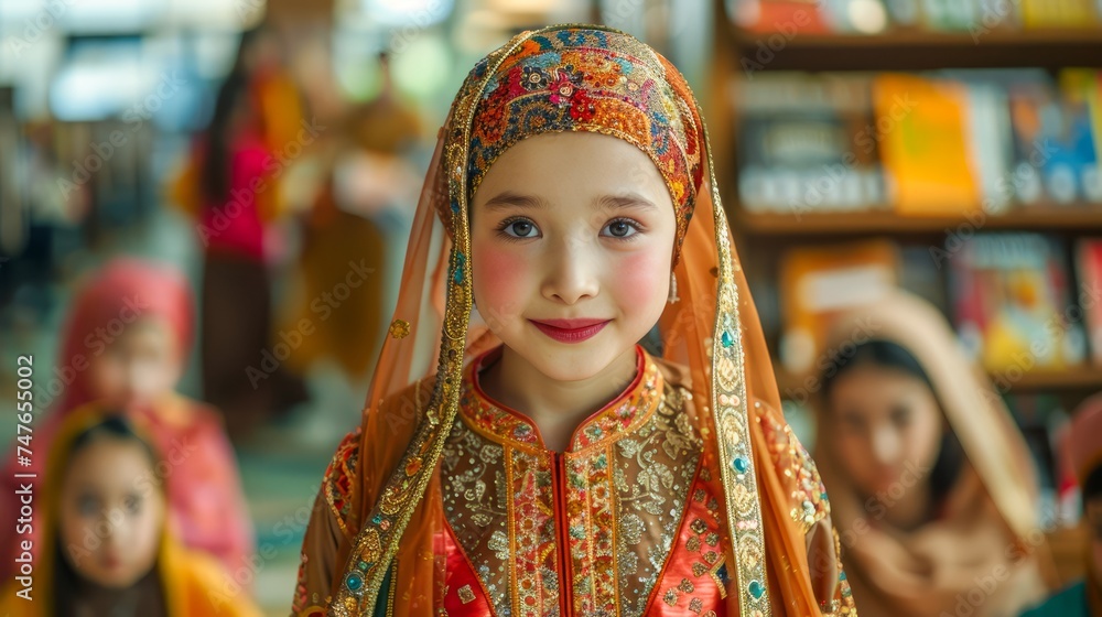 Portrait of a Young Girl in Traditional Embroidered Dress Smiling in a Library Background