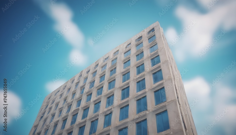 A building with a blue sky and clouds in the background with blur and bokeh effects