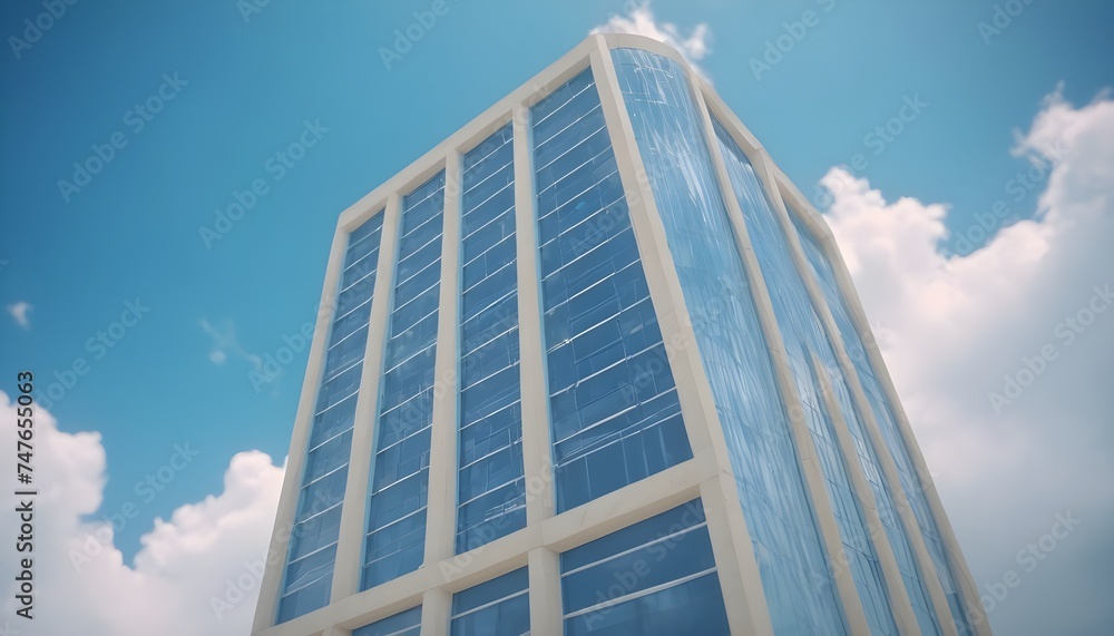 A building with a blue sky and clouds in the background with blur and bokeh effects