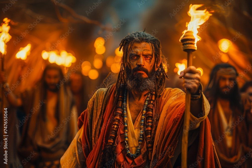 Mysterious Tribal Leader Holding Torch in Ancient Ritual Gathering with Followers at Twilight