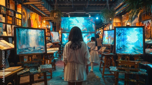 Young Woman Browsing Art in a Vibrant Gallery Decorated with Colorful Paintings and Lights