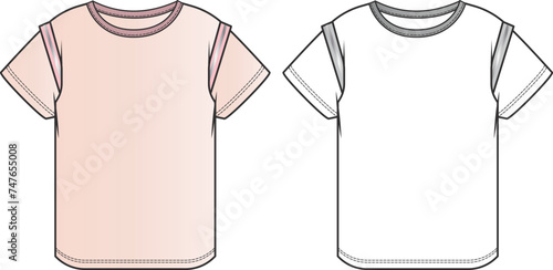 Girls T-Shirts Technical Drawing, Short Sleeves Tee Fashion Flat Sketch, Vector Templates for Illustrator