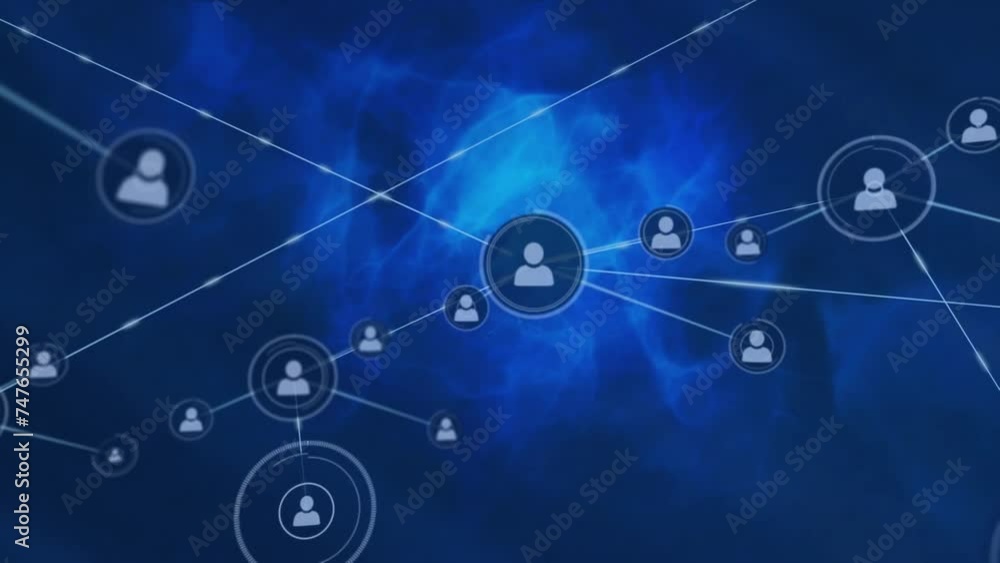 Animation of network of connections with icons on blue background Animation of network of connections with icons on blue background