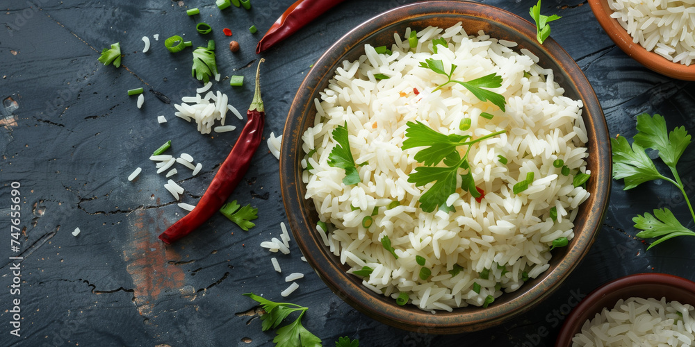 cooked Basmati rice in a clay bowl with wooden spoon and green seasoning leaves and chili cooked Basmati rice in a clay bowl with wooden spoon and green seasoning leaves and chili