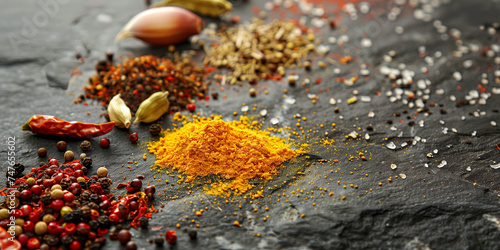 different spices like curry, paprika, pepper, mustar seeds, on a dark granite background photo