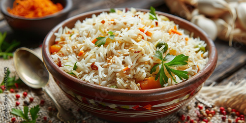 cooked Basmati rice in a clay bowl with wooden spoon and green seasoning leaves and chili photo