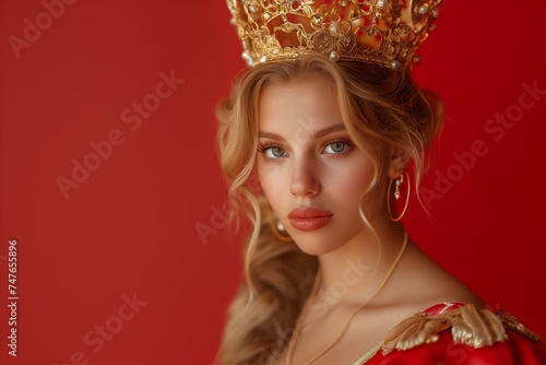  Queen or princess. Confident woman woman with golden crown on red background