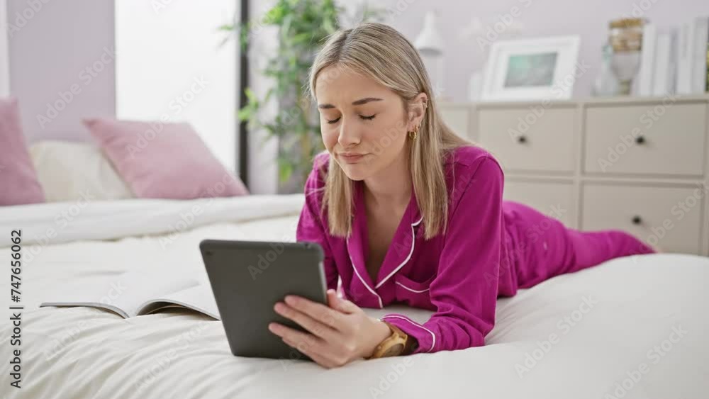 Blonde woman in pink pajamas frowning at tablet screen while lying on bed indoors Blonde woman in pink pajamas frowning at tablet screen while lying on bed indoors