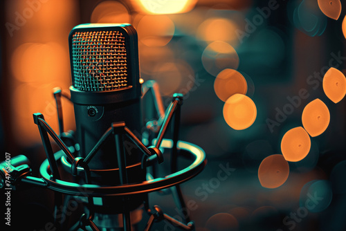 a recording studio microphone standing in front of a dark background