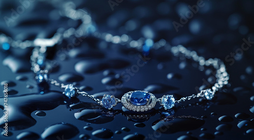 A luxurious diamond bracelet with a prominent blue sapphire centerpiece, elegantly resting on a reflective surface