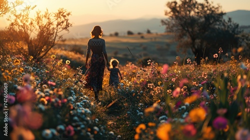 Mom and daughter walk together in a beautiful flower field at sunset in beautiful dresses.