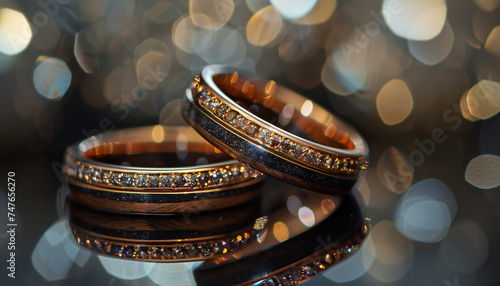 a close up shot of black and rose gold wedding rings