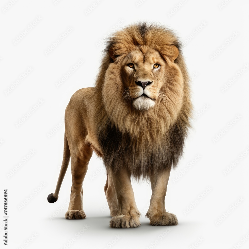 Obraz premium Majestic male lion standing isolated on white background, wildlife king concept.