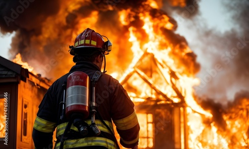 A firefighter gazes at a fierce residential fire, ready for action as flames consume the structure. The severity of the blaze is evident in the firefighter's focused stance and the engulfing flames.