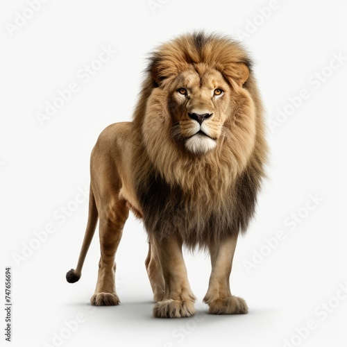 Majestic male lion standing isolated on white background, wildlife king concept.
