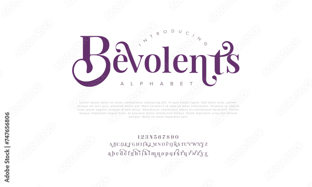 Bevolents premium luxury elegant alphabet letters and numbers. Elegant wedding typography classic serif font decorative vintage retro. Creative vector illustration