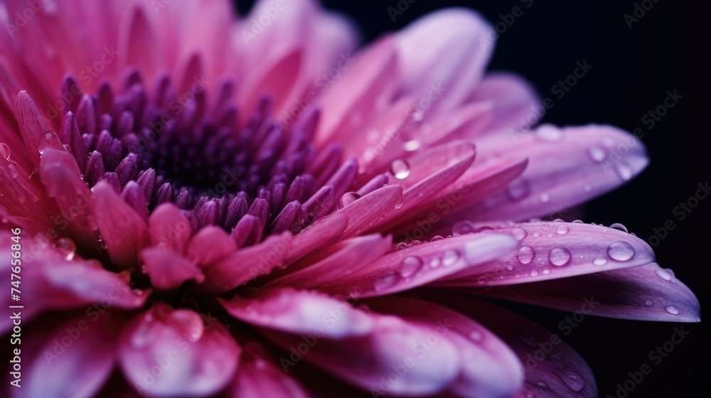 Close-up of a dew-covered pink daisy against a dark, moody background. Close-up of a dew-covered pink daisy against a dark, moody background.