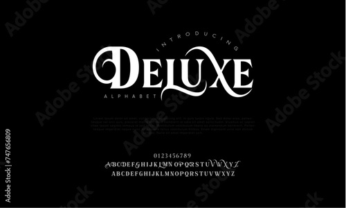 Deluxe premium luxury elegant alphabet letters and numbers. Elegant wedding typography classic serif font decorative vintage retro. Creative vector illustration