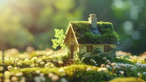 House model, green bokeh background, real estate concept