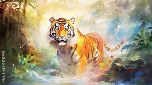 water color painting style of full body tiger surrounded . Generative Ai
