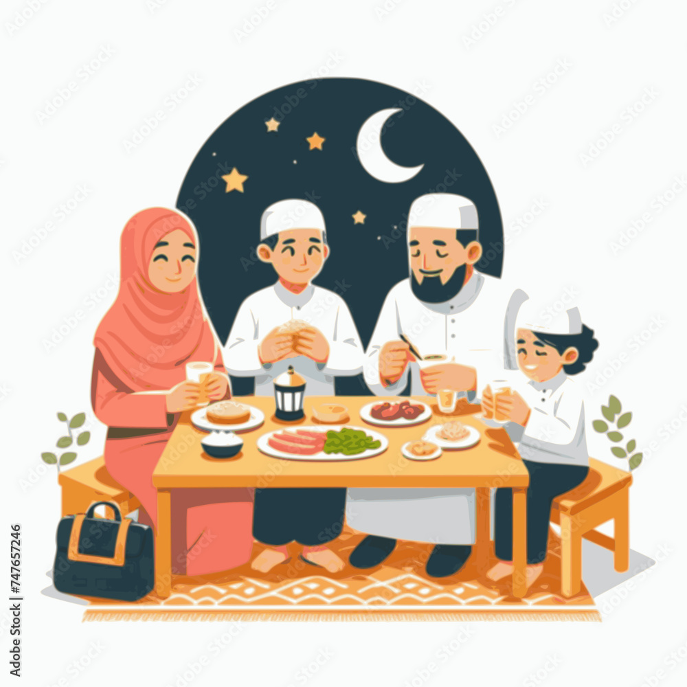 muslim family eat suhoor together vector illustration muslim family eat suhoor together vector illustration