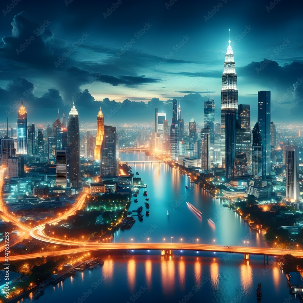 City skyline at night, with a large illuminated and a river sparkling below